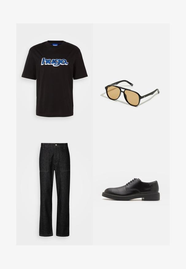 Black cotton t-shirt featuring "hugo." logo in blue with a patterned design. Short sleeves and a crew neckline.; Black denim pants with a straight leg, visible stitching, and a front button closure. Includes two side pockets and two back pockets.; Black leather lace-up shoe with a rounded toe, smooth texture, minimal stitching, and a low rubber heel. Logo on the heel.; Black sunglasses with brown tinted lenses; rectangular shape with a thick frame, including subtle hardware accents on the temples.