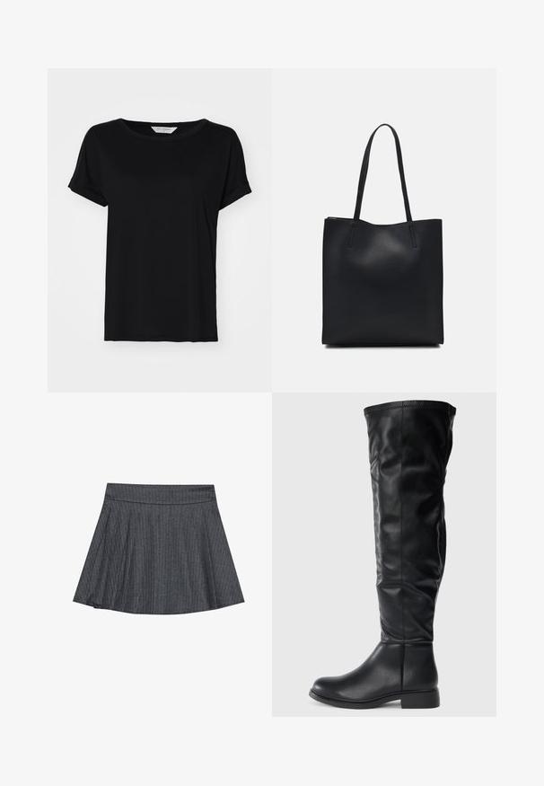 Black short-sleeve t-shirt made of soft fabric, featuring a round neckline and a relaxed fit, with stitched hem detailing.; Gray pinstriped skater skirt with a fitted waistband, flared A-line shape, and soft fabric texture. Vertical lines enhance visual interest.; Black knee-high boots made of smooth leather, featuring a round toe, low block heel, and a slightly slouchy shaft with stitching detail.; Black leather tote bag with smooth texture, rectangular shape, and two long handles. No visible hardware or embellishments.