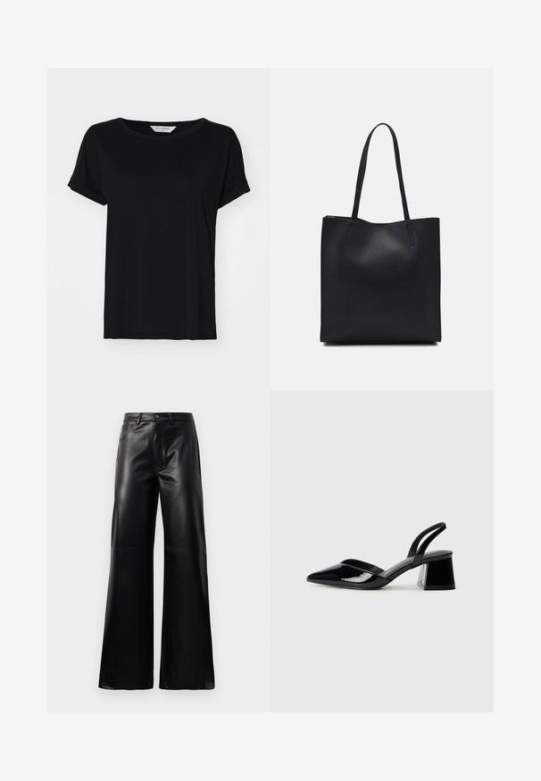 Melnas īsām piedurknēm T-krekls, izgatavots no mīkstas auduma, ar apaļu apkakli un brīvu piegriezumu, ar ieliktām šuvēm apakšmalā.; Melnas augstās jostas platajās kājās sintētiskās ādas bikses ar priekšējo pogu, rāvējslēdzēju, jostas cilpām un sānu kabatām uz baltā fona.; Melna lakota āda ar atvērto papēdi, ar smailu purngalu un ģeometrisku blokpapēdi. Iezīmējas elegants, minimāls dizains un gluda tekstūra.; Melnas ādas somiņa ar gludu tekstūru, taisnstūra formu un divām garām rokturiem. Nav redzamu aparatūras vai rotājumu.