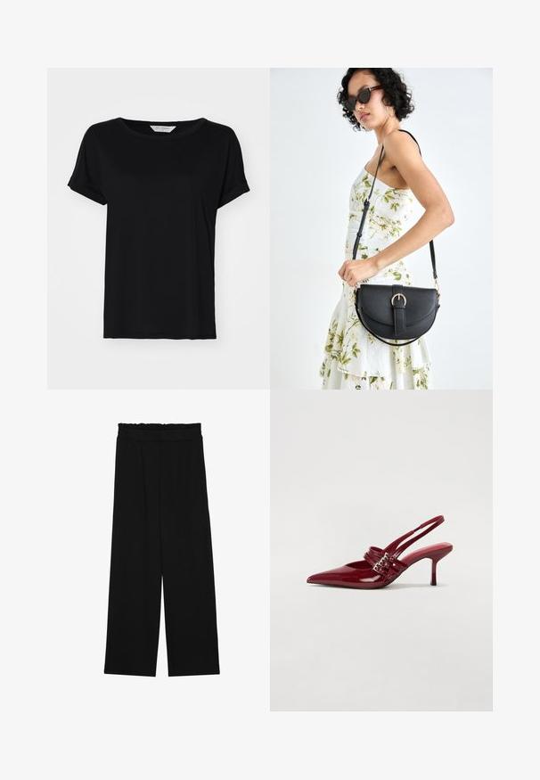 Fekete, rövid ujjú póló, puha anyagból készült, kerek nyakkivágással és laza szabással, varrott alsó szegéllyel.; Fekete, bőszárú nadrág fodros derékrésszel, két oldalsó zsebbel és sima, könnyű anyagból. Nincsenek látható minták vagy fémalkatrészek.; Piros lakkbőr slingback sarokcipő, hegyes orral, két csatoló pánttal és vékony, közepes magasságú stiletto sarokkal. Simább textúrájú.; Fekete bőrtáska ívelt formával, levehető pánttal és arany színű fémrészekkel. A táskán egy csattal díszített fedél található.