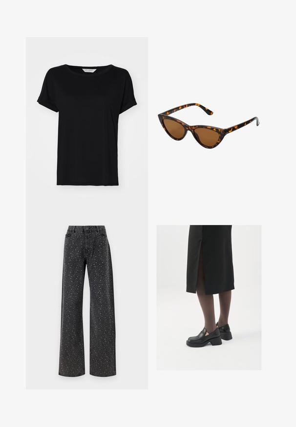 Černé tričko s krátkým rukávem vyrobené z měkké tkaniny, s kulatým výstřihem a volným střihem, se šitými detaily na lemu.; Noisy May NMJANNEL LOOSE - Džíny Relaxed Fit - black denim; Černé kožené boty s kulatou špičkou, silným blokovým podpatkem a elastickými bočními akcenty, spárované s tmavými punčochami a černou sukní se rozparkem.; Sluneční brýle ve stylu kočičích očí s černo-oranžovým želvovinovým rámem, hnědými skly a elegantními, špičatými konci. Obsahují minimalistické logo na straně.; Stříbrné kruhové náušnice s minimalistickým designem. Kruh, hladký povrch a tenký profil. Lehká konstrukce s lesklým povrchem.