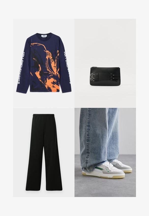 Navy-blaues Langarm-T-Shirt aus Baumwolle mit einem orange-schwarzen abstrakten Design. Auf dem Ärmel steht "FOLLOW THE RABBIT."; Schwarze weite Hosen aus weichem Stoff. Mit einem elastischen Bund, glatter Textur und einem schlichten, modernen Design ohne Muster.; Weiße und graue Sneakers mit grünen Akzenten, ausgestattet mit einem oberen Teil aus Mesh und einer Gummisohle, kombiniert mit blauen Jeans mit ausgefransten Säumen.; Schwarze Leder-Clutch mit glatter Textur, ausgestattet mit metallischen Beschlägen und einem Schnallenriemendetail auf der Rückseite. Mit Reißverschlussverschluss an der Oberseite.