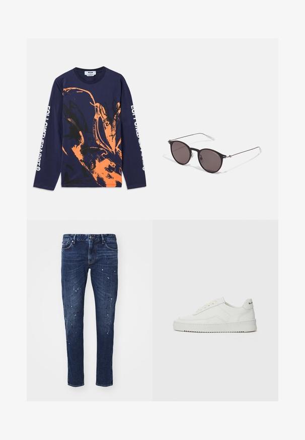 Marinblå langærmet t-shirt lavet af bomuld med et abstrakt design i orange og sort. Teksten på ærmet lyder "FØLGKANINEN."; Mørkeblå denimjeans med slim fit, der har malerpletter, synlige syninger og standard fem-lommer design. Lige ben.; Hvide lædersneakers med en glat overflade, rund tå, flade snørebånd og en tekstureret sål. Har et diskret logo på hælen.; Sorte runde solbriller med mørke linser og slanke metalarme. Inkluderer klare tempeltips og sølvdetaljer ved hængslet. Minimalistisk design.