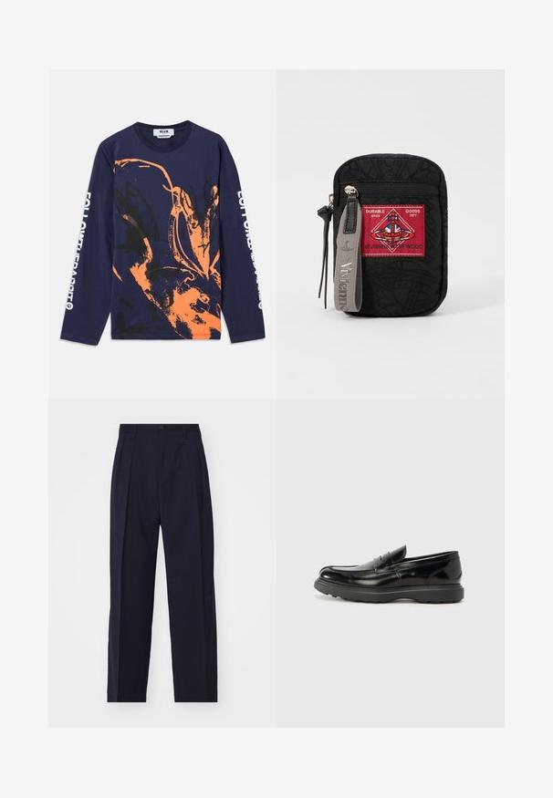 Tumed pikkade varrukatega T-särk, mis on valmistatud puuvillast ja millel on oranž ja must abstraktne muster. Varruka peal on tekst "JÄLGI JÄNEST."; Tumed sinine, kohandatud püksid sirge lõikega, voldid ees, nupuga sulgemine ja nähtamatud taskud. Sile kangas.; Must musta nahk loafer läikiva viimistlusega, ümar varvas, delikaatsed õmblusdetailid ja paks kummist tallad vastupidavuse tagamiseks.; Mustmust kott tekstuurse kangaga, millel on punane logoga plaaster, lukuga sulgemine ja hall rihm, millel on reljeefne brändinimi.