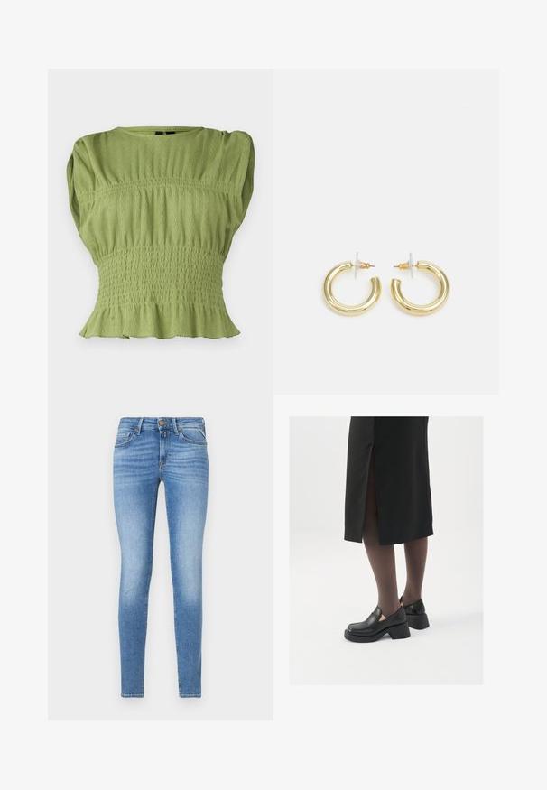 Green, short-sleeve top with a textured, smocked waist, and flared hem. Features a round neckline and ribbed pattern throughout.; Navy corduroy shirt with a button-up front, collar, and three-quarter sleeves. Features a peplum-style gathered hem and soft texture.; Slim-fit light blue denim jeans with mid-rise waist, front button, and five-pocket design.; Black leather shoes with a rounded toe, thick block heel, and elastic side accents, paired with dark tights and a black skirt with a slit.; Gold hoop earrings with a smooth, shiny finish. Circular design featuring a small post and clear backing for secure wear.