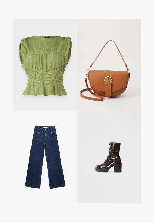 Top verde a maniche corte con vita arricciata texturizzata e orlo svasato. Caratterizzato da un collo rotondo e un motivo a coste su tutta la superficie.; Pantaloni in denim a gamba larga blu scuro, con due tasche anteriori decorate con bottoni e orlo dritto.; Stivale alla caviglia bordeaux lucido con un tacco spesso nero, caratterizzato da una superficie liscia e un design semplice. Nessuna chiusura visibile o motivo.; Borsa a tracolla in pelle marrone con forma curvata, hardware dorato e un dettaglio con fibbia. Presenta una tracolla rimovibile.