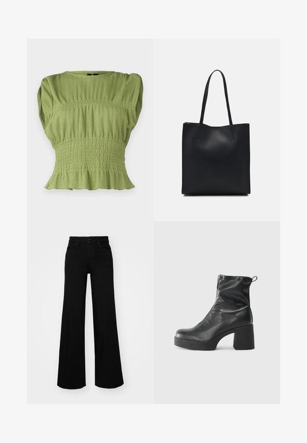 Top verde de manga corta con cintura fruncida texturizada y dobladillo acampanado. Presenta un escote redondo y un patrón de canalé en toda la prenda.; Pantalones de mezclilla de pierna ancha y color negro, con una cinturilla estructurada, pasadores para cinturón y bolsillos frontales. Textura suave con un diseño clásico.; Botines negros de tobillo, hechos de cuero suave, con cierre lateral, tacón grueso texturizado y diseño de punta redondeada.; Bolso tote de cuero negro con textura lisa, forma rectangular y dos asas largas. Sin herrajes ni adornos visibles.
