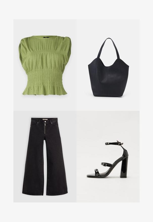 Top verde a maniche corte con vita arricciata texturizzata e orlo svasato. Caratterizzato da un collo rotondo e un motivo a coste su tutta la superficie.; Jeans a gamba larga in denim nero con chiusura a zip, design a cinque tasche e dettagli di cucitura sottili. Texture morbida e stile casual.; Sandali con tacco in vernice nera, con punta squadrata, cinturini alla caviglia e fibbie in argento. Presentano un tacco a blocco spesso per maggiore stabilità.; Borsa tote nera realizzata in pelle liscia, con una parte superiore curva e aperta, dotata di due manici per spalla e un design minimalista.