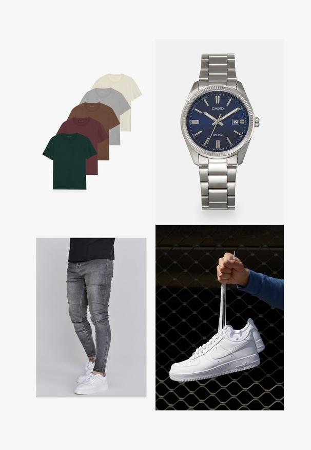 Pet majice s ovalnim izrezom u raznim bojama: tamnozelena, burgundska, smeđa, svijetlosiva i kremasta; sve imaju kratke rukave i glatku teksturu.; Uske mršave traperice u izblijedjelom sivoj boji, s iznošenim detaljima na koljenima, uparenim s bijelim tenisicama. Glatka tekstura, dizajn prilagođen tijelu.; Bijele kožne tenisice s perforacijama, okruglim vrhom, ravnim potplatom i debelim vezicama, s vidljivim swoosh logom i natpisom "AIR" na peti.; Srebrni sat od nehrđajućeg čelika s tamnoplavim brojčanikom, metalnim oznakama sati i prozorom za datum na 3 sata. Vodootporan do 50 metara.