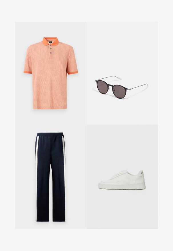Rövid ujjú pólóing narancssárga színben, geometrikus mintával és kontrasztos gallérral. Három gombos gombolás és egyszínű mandzsetták.; Tengerészek színű, széles lábbetétű melegítőnadrág, az oldalán függőleges krémszínű csíkkal. Puha, texturált anyagból készült, elasztikus derékrésszel.; Fehér bőr sportcipő sima felülettel, kerek orral, lapos fűzőkkel és texturált talppal. Finom logó található a sarokon.; Fekete kerek napszemüveg sötét lencsékkel és karcsú fém szárakkal. Átlátszó szárvégeket és ezüst részleteket tartalmaz az ívnél. Minimalista dizájn.
