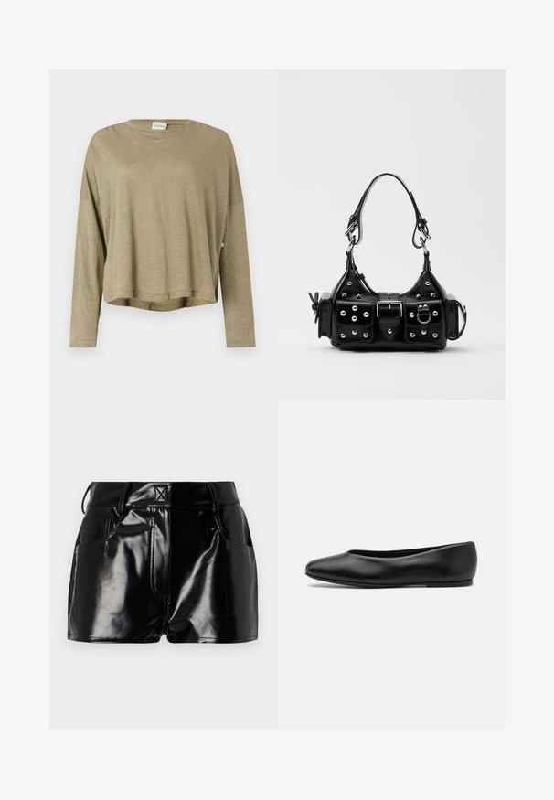 Olijfgroen langemouwen T-shirt met een ontspannen pasvorm, ronde halslijn en zachte, lichte stof, met zijsplitten aan de zoom.; Zwarte, glanzende shorts van synthetisch materiaal. Heeft een aansluitende taille, riemlussen en voorzakken met opvallende stikseldetails.; Paul Smith TOPANGA - Ballerina's - black; Zwarte lederen handtas met een gebogen ontwerp, voorzien van zilveren studs, een gesp en twee zijvakken. Verstelbare schouderband voor verschillende draagmogelijkheden.