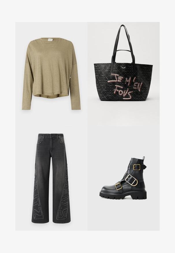 Tricou verde măsliniu cu mânecă lungă, cu o croială lejeră, decolteu rotund și țesătură moale, ușoară, cu fante laterale la marginile de jos.; Jeans negri cu croi larg, din denim, având un grafic brodat desfăcut pe laterale și un design tradițional cu cinci buzunare.; Cizme de gleznă din piele neagră cu toc gros, având mai multe curele și accente din metal auriu. Textură netedă, design robust.; Geantă de umăr neagră, din material texturat, cu un model în diamant, curele pentru umăr și texte îndrăznețe în roșu și alb care citeste „JE M'EN FOUS.”