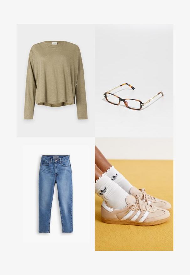 Oliven grønn langermet T-skjorte med avslappet passform, rund hals og myk, lett stoff, med sideslits i kanten.; Lyseblå denimjeans med rett ben-design, fem lommer, glidelås foran og en lett falmet tekstur.; Beige lærersneakers med hvite striper og gullmerke, kombinert med hvite rynkede sokker med svart logo. Teksturert gummisåle.; Rektangulære briller med skjellmønster ramme, gullmetall detaljer og klare linser. Stengene har et brunt og gull gradient design.