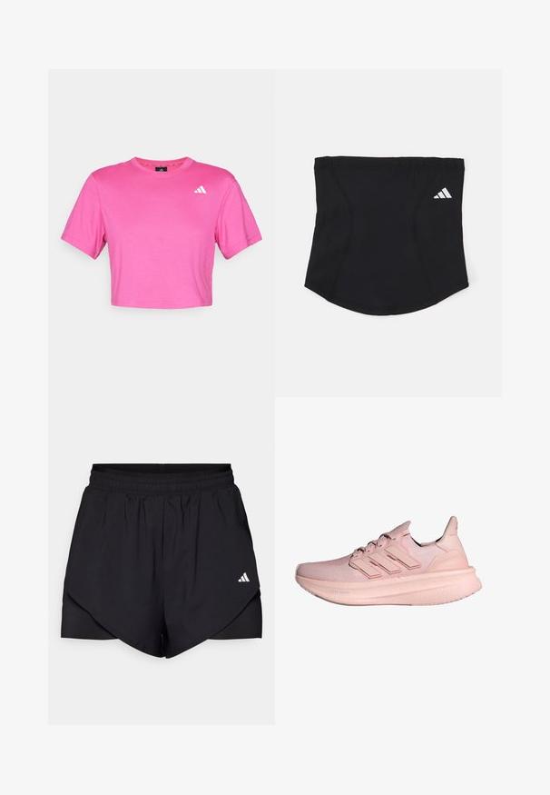 Roosa lühike t-särk, mis on valmistatud pehmest puuvillast. Omab lühikesi varrukaid ja väikest valget logo vasakul rinnal. Sile tekstuur klassikalise lõikega.; Mustad mustad lühikesed püksid kihilise disainiga, valmistatud kergest kangast. Omavad elastset taljeosa ja väikest valget logo külgedel.; Roosa spordijalatsid, millel on kudumine pealmine osa, kolm triipu disainis ja paks pehme tallaga, millel on silt "Light Boost". Pealispinna tekstuur.; Must värvi sportlik peapael, millel on sile tekstuur, kaarjas kuju ja elastne ülaosa. Küljel on väike valge Adidas'i logo.