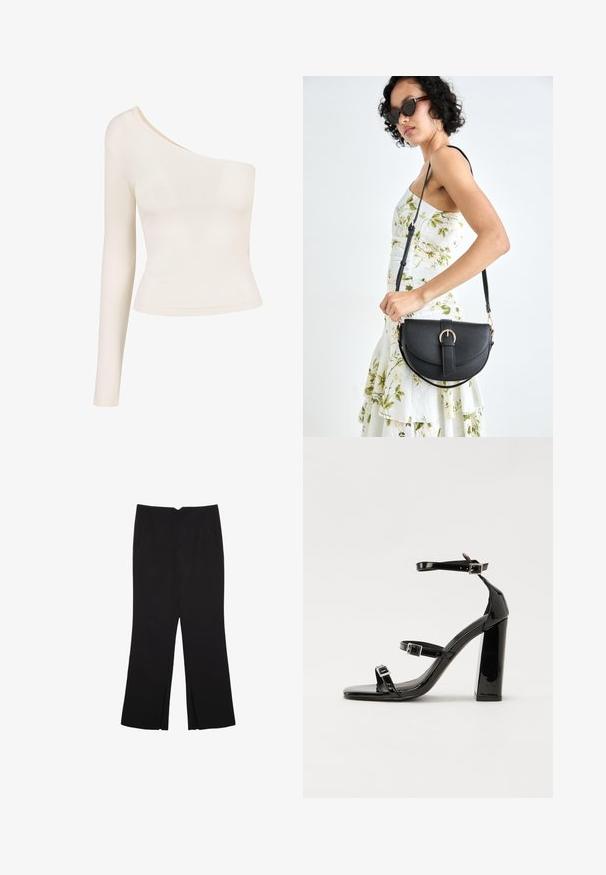 Hihaton, vaaleanbeige paita, jossa on yksi olkapää auki. Silkkisen pehmeä ja joustava kangas; istuva malli korostaa siluettia. Ei kuvioita tai koristeita.; Mustat housut suoralinjaisella leikkauksella, joissa on etutaskut ja sivurei'ät helman alla. Valmistettu pehmeästä ja sileästä kankaasta. Sopii eri tilaisuuksiin.; Musta kiiltävä korkokenkä sandaalit neliönmuotoisella varpaalla, nilkkaremmillä ja hopeisilla soljilla. Varustettu tukevalla lohkokorkealla vakauden takaamiseksi.; Musta nahkainen käsilaukku, joka on kaareva muotoilultaan, irrotettavalla hihnalla ja kultaisilla yksityiskohdilla. Laukussa on läppä, jossa on solk yksityiskohta.