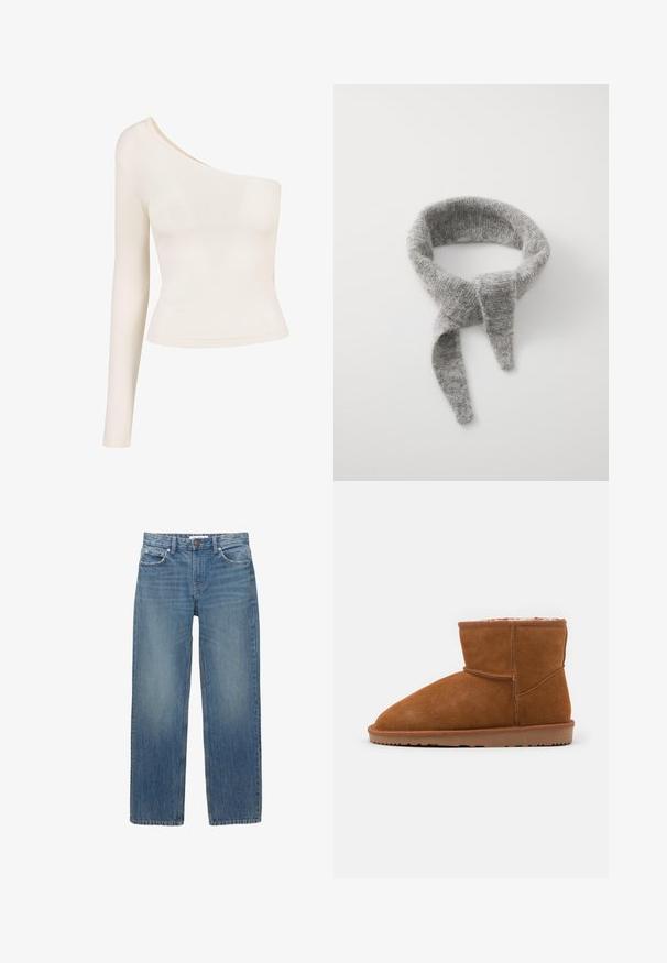 Dlhý rukáv top v svetlej béžovej farbe s jedným vystrihnutím na pleci. Hladká, elastická látka; priliehavý dizajn zvýrazňuje siluetu. Bez vzorov alebo ozdôb.; Svetlomodré džínsy s rovnými nohavicami, piatimi vreckami a kovovými detailami v medenej farbe. Materiál má jemné blednutie a hladkú textúru.; Hnedé semišové členkové topánky s okrúhlou špičkou a mäkkou podšívkou, vybavené plochou gumovou podrážkou a minimálnymi švovými detailami.; Samsøe Samsøe NOR - Šál - grey melange; Hnedá taška z umelej kože s dvoma dlhými uchami a zodpovedajúcou malou taštičkou. Povrch má textúrovaný vzor a akcenty zlatého kovania.