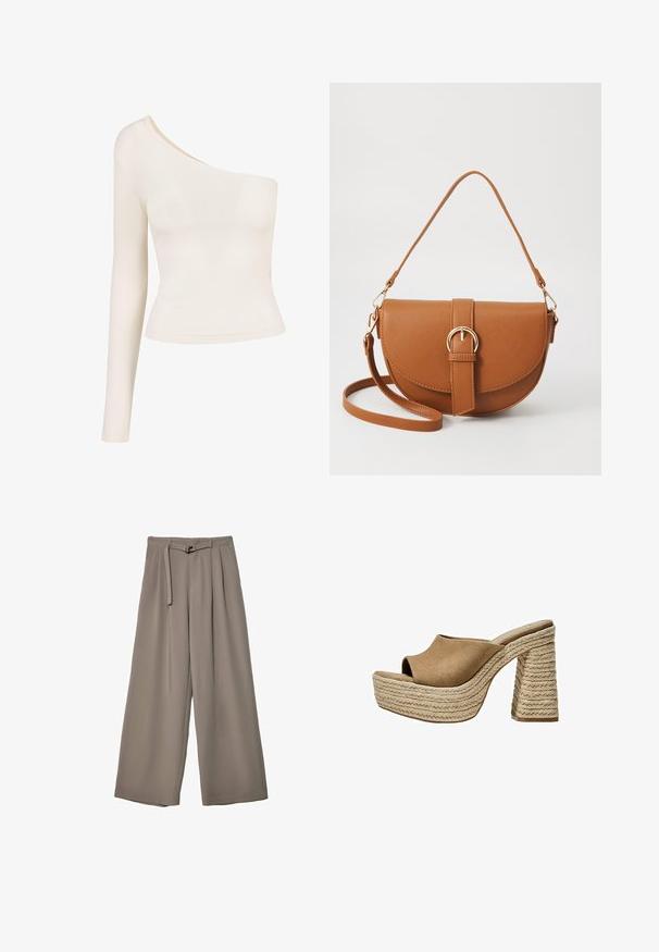 Hihaton, vaaleanbeige paita, jossa on yksi olkapää auki. Silkkisen pehmeä ja joustava kangas; istuva malli korostaa siluettia. Ei kuvioita tai koristeita.; Suurille lahkeille housuille pehmeässä, hillityssä harmaassa kankaassa, jossa on vyötäröllä vyö ja lisää muotoilun yksityiskohtia kuploissa. Sileä rakenne, ei kuvioita.; Ruskeat mokka-plattformit mulesit avoimella varpaalla, joissa on paksu punottu juutti-korko ja sileä, pyöristetty yläosa.; Ruskean nahkainen olkalaukku, jossa on kaareva muoto, kultaiset yksityiskohdat ja solkiyksityiskohta. Varustettu irrotettavalla olkahihnalla.