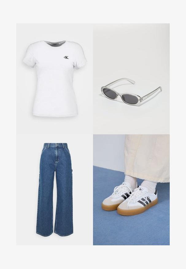 Camiseta de algodón blanca de manga corta, con escote redondo y un pequeño logo negro "ck" en el lado izquierdo del pecho. Textura suave, corte clásico.; Pantalones vaqueros de pierna ancha en azul con cintura alta, costuras en contraste y bolsillos laterales, que cuentan con un diseño clásico de cinco bolsillos y dobladillos sin rematar.; Zapatillas blancas con rayas negras y acentos de ante beige. Cuentan con una suela de goma texturizada y cordones blancos planos, usadas con calcetines de color claro.; Gafas de sol con forma ovalada, montura de plástico transparente, lentes gris oscuro y patillas delgadas y transparentes con acentos de logotipo y un diseño minimalista.