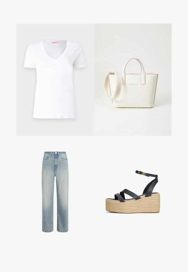 Camiseta de algodón blanca con escote en V, mangas cortas y corte ajustado. La etiqueta en el cuello dice "FROM FUTURE" en rosa.; Jeans de mezclilla azul claro con un diseño de pierna recta, cintura alta y textura deslavada. Presentan un cierre frontal con botón y un estilo clásico de cinco bolsillos.; Sandalias de cuña de cuero negro con correas entrecruzadas y una plataforma de cuerda trenzada. Presenta una correa en el tobillo y detalles de hebilla en tono dorado.; Bolso de mano de cuero sintético blanco con asas cortas, correa de hombro ajustable y herrajes en tono dorado; presenta un sutil logo en la parte frontal.