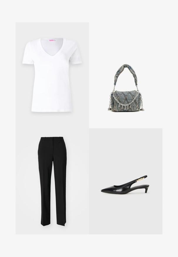 T-shirt de algodão branco com decote em V, mangas curtas e corte slim. A etiqueta na gola diz "FROM FUTURE" em rosa.; Calças pretas de corte ajustado com um design de perna reta, apresentando uma textura lisa e pregas bem definidas na frente. Sem hardware visível.; Saltos slingback em couro preto com bico fino, apresentando um salto esguio e um detalhe em tom dourado na alça ajustável. Textura suave.; Bolsa de denim com padrão acolchoado, cor azul, alça curta trançada e alça de corrente prateada com detalhe em letras metálicas da marca.