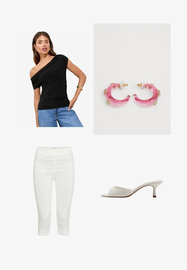 Eine Frau mit langen Haaren trägt ein schwarzes Top mit schulterfreier Optik und blaue Jeans. Sie posiert selbstbewusst mit einer Hand auf der Hüfte und einem goldenen Armband am Arm.; Weiße Caprihosen aus elastischem Stoff, mit einer glatten Textur, zwei vorderen Taschen und einem bequemen elastischen Bund.; Weiße, offene High-Heel-Mules mit glatter Oberfläche, minimalistischer Gestaltung und schlankem Absatz, ausgestattet mit einem subtilen braunen Akzent auf der Sohle.; Rosa Harz-Ohrringe in Form von Ringen mit goldfarbenen Akzenten und bunten Edelsteinen, die entlang der äußeren Kanten eingearbeitet sind. Durchsichtige Rückseiten für sicheren Halt.