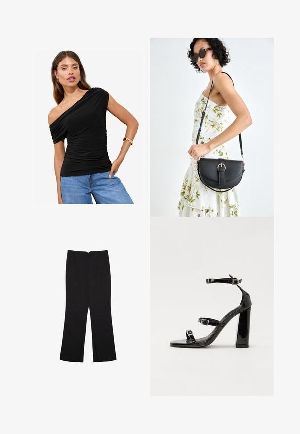 Ženska z dolgimi lasmi nosi črn top brez naramnic in modre kavbojke, samozavestno pozira z eno roko na boku in z zlatim zapestnico na roki.; Črne hlače ravnega kroja z naglavnimi žepi in stranskimi razporki na robu. Narejene iz mehke, gladke tkanine. Primerne za različne priložnosti.; Črne lakaste sandale z visokimi petami, z dvema trakovoma z zaponkama, kvadratnim sprednjim delom in masivno širšo peto, z gladko, sijočo teksturo.; Črna usnjena torbica s ukrivljeno obliko, z odstranljivo naramnico in zlatimi dodatki. Torbica ima pokrov s podrobnostmi v obliki zaponke.