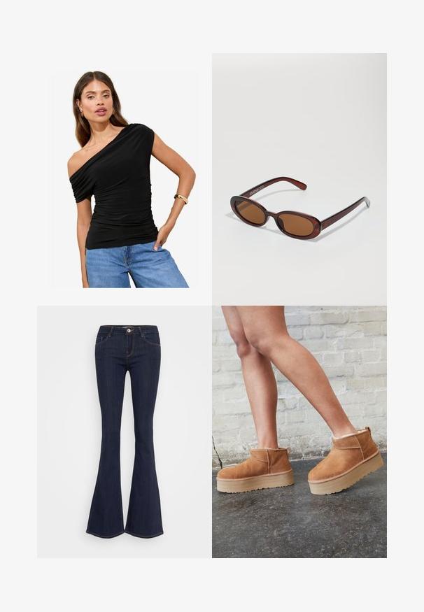 Žena s dlhými vlasmi má na sebe čierny top bez ramienok a modré džínsy, pózuje s dôverou a jednou rukou opretou na boku, pričom na ruke má zlatú náramok.; Tmavé denimové zvonové džínsy s priliehajúcim pásom, s predným zapínaním na gombík, päť vreckovým dizajnom a švom pozdĺž nohavíc.; Hnedé semišové kotníkové čižmy s mäkkou podšívkou, hrubou béžovou platformou a zadným pútkom na obutie. Textúrovaný povrch s viditeľnými švami.; Okrúhle slnečné okuliare s hnedým nádychom a lesklým burgundským rámom. Úzke ramená s jemným brandovaním. Plochej šošovky dizajn.