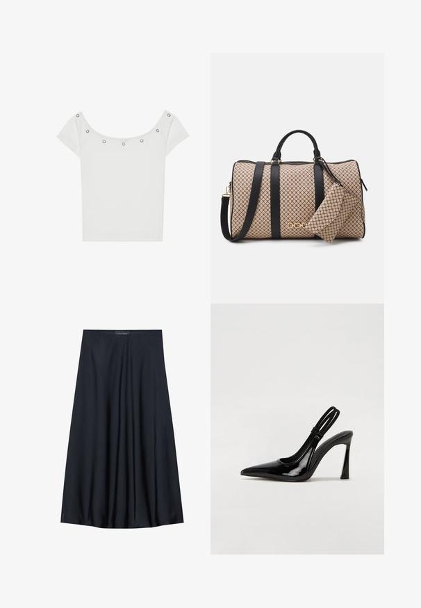 Balts īsām piedurknēm tops ar ribota tekstūra un plašu kakla izgriezumu, kuram priekšējā malā ir pieci sudraba metāla caurumi.; Melna, uz ceļa garuma svārku izgatavota no viegla auduma ar plūstošu dizainu. Ir gluda tekstūra un smalkas krokas papildu detaļām.; Melnas patentā ādas slingback kurpes ar smailu purngalu, šauru augstu papēdi un diviem elastīgiem siksniņām, lai nodrošinātu drošu fit. Gluda, spīdīga virsma.; Dafels soma ar beigu rakstu ārējo virsmu, melnām ādas siksnām, zelta piederumiem un mazu atbilstošu maisiņu. Strukturēts dizains.; Zelta tonis taisnstūra rokas pulkstenis ar balto ciparnīcu, sudraba tonis stundu rādītājiem un izturīgu metāla saiti. Iekļauta ūdens izturība.