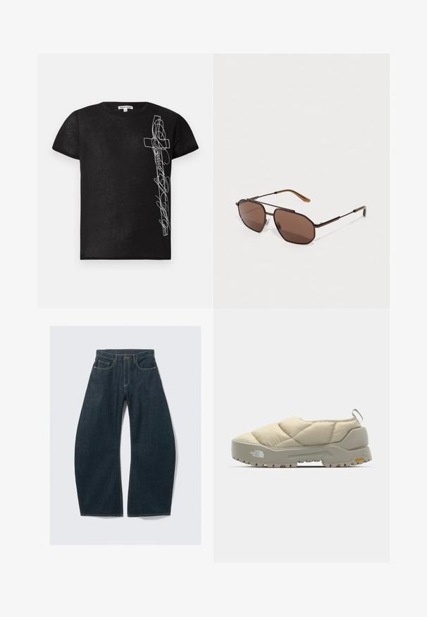 Zwarte T-shirt met korte mouwen van zachte stof, met een witte geborduurde afbeelding van een kruis en gestileerde tekst aan de linkerkant.; Donkerblauwe wijd uitlopende jeans van denim, met vijf zakken, zichtbare stiksels, een knoopsluiting en een nette afwerking.; Beige gevoerde instapschoen met grijze Vibram-zool, ronde vorm en achterlus. Kenmerken zijn het logo aan de zijkant en de gestructureerde bovenkant.; Bruine octagonale zonnebril met een dunne zwarte metalen montuur, vergezeld van bruine pootjes. Donker getinte lenzen bieden UV-bescherming.
