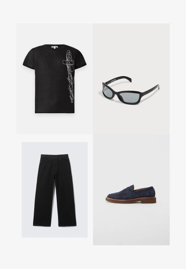 Fekete, rövid ujjú póló, puha anyagból készült, bal oldalon fehér hímzett kereszt ábrával és stilizált szöveggel.; Fekete, széles lábú farmernadrág, klasszikus öt zsebes kialakítással és struktúrált derékkal, övhurkokkal.; Tengerész kékszínű velúr loaferek barna talppal és alacsony sarokkal, klasszikus érmés dizájnnal.; Fekete napszemüveg, letisztult, szögletes dizájnnal. Szürke lencsék és fényes műanyag keret jellemzi. Kis fém kiegészítők és márkajelzés található a szárán.