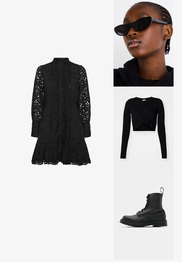 Must have mustasest lühikeste varrukatega tipp, mis on valmistatud pehmest kangast, paeltega esiosaga disain ja ümmargune kaelus, sobivate varrukatega.; Mustlejõhuga must siidkleit, millel on nööpidega esiosa, pikad varrukad ja volangiga äär. Peal on lõigatud lille- ja geomeetrilised mustrid.; Mustad mustavi combat kingad ümmarguse varbaga, paeltega esiosa ja säärel tõmbeaas. Omab paksu kummist tallat, mis tagab vastupidavuse.; Must musta silmad eest vaatavad mustad prillid, millel on matt viimistlus, elegantne disain ja õrnalt kõverad servad, mudeli tumeda riietuse taustal.; Hõbedased rõngaskõrvarõngad, millel on sile, läikiv viimistlus. Ümmargune kuju ja turvaline klõpsulatus. Kerge disain, sobib igapäevaseks kandmiseks.