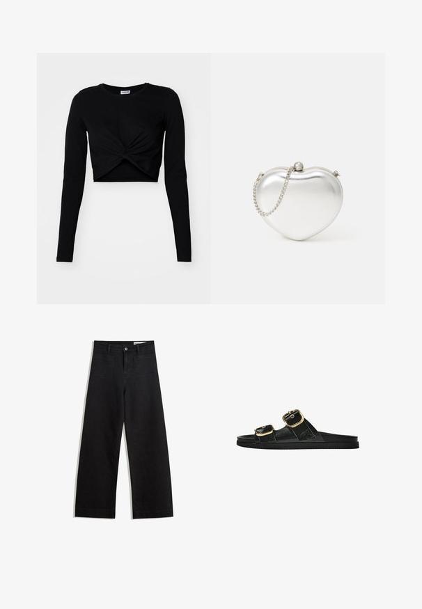 Fekete, rövidített, hosszúujjú felső, puha anyagból készült, csavart elülső designnal és kerek nyakkivágással, illeszkedő ujjakkal.; Fekete, bő szabású farmernadrág magas derékkal, elülső és hátsó zsebekkel, varrott felületekkel és gombos záródással. Sima textúra.; Fekete csúszó szandál, két arany csattal, sima textúrájú anyagból, lapos talppal és minimalista dizájnnal.; Szív alakú, fémes ezüst színű clutch táska sima felülettel, csattos záródással és ezüst lánc pánttal.