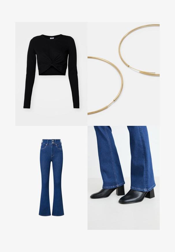 Must have mustasest lühikeste varrukatega tipp, mis on valmistatud pehmest kangast, paeltega esiosaga disain ja ümmargune kaelus, sobivate varrukatega.; Tumedast sinisest denimist kõrge vöökoha ja laienevate jalgega teksad. Omab kaht nuppu sulgemiseks, ees taskud ja elegantsed õmblusdetailid õmbluste ääres.; Mustad musta nahast pahkluu saapad ruudu otsaga ja ploki kontsaga, kombineeritud siniste denimidest flare-pükstega, mille allääres on kontrastne õmblus.; Kulla värvi nõelad, õhukesed ja ümmargused, millel on sile metallist pind ja ilma kaunistuste või mustriteta.