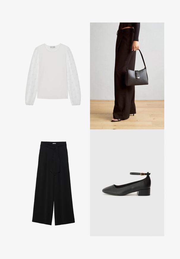 Weißes Langarmtop mit solidem Oberteil und durchsichtigen Puffärmeln, die mit Punkten bedruckt sind. Rundhalsausschnitt, geraffte Ärmel, weiche Textur.; Schwarze weite Hosen aus strukturiertem Stoff, mit elastischem Bund und einem abnehmbaren Bindegürtel in der Taille für eine verstellbare Passform.; Schwarze Lederpumps mit spitzem Zehenbereich und niedrigem Blockabsatz. Mit einem Knöchelriemen und einer goldfarbenen Schnalle. Glatte Textur.; Schwarze Handtasche mit strukturierter Form, glatter Textur und einem metallischen Verschluss. Kombiniert mit weiten schwarzen Hosen und offenen Sandalen auf einem Holzboden.