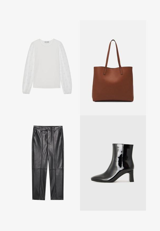 White long-sleeve top with solid body and sheer puff sleeves featuring polka dot patterns. Round neckline, cuffed sleeves, soft texture.; Black leather trousers with a smooth texture, featuring a straight fit, two front pockets, and visible seam detailing.; Black patent leather ankle boot with a pointed toe and a mid-height block heel. Smooth texture and minimalist design.; Brown leather tote bag with a smooth texture, open top design, and two shoulder straps. Features minimal stitching and no visible hardware.