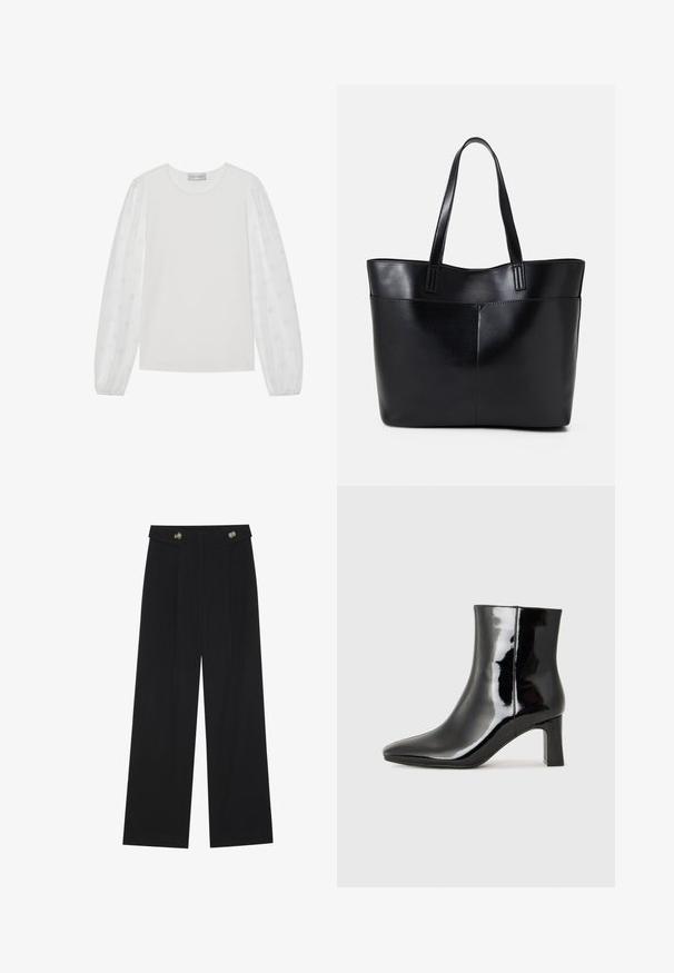White long-sleeve top with solid body and sheer puff sleeves featuring polka dot patterns. Round neckline, cuffed sleeves, soft texture.; Black wide-leg trousers with high waist, button details on waistband, and front pleats.; Black patent leather ankle boot with a pointed toe and a mid-height block heel. Smooth texture and minimalist design.; Black leather tote bag with two long handles, a smooth texture, and a structured shape. Features a front pocket for additional storage.