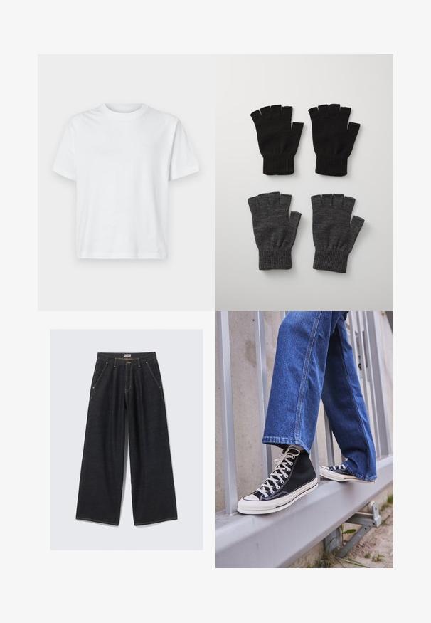 Balta medvilnė t-shirtys su trumpomis rankovėmis, apvalia iškirpte ir minimalistišku tekstu priekyje. Lygus audinys, laisvas kirpimas.; Tamsiai mėlynos plačios kojų džinsai su priekiniais raukšlėmis, įstrižomis kišenėmis, diržo kilputėmis ir mygtuko uždarymu juosmenyje, pažymėti "WEEKDAY".; Juodi aukšti sportiniai bateliai su baltu padu ir raišteliais, derinami su laisvai krentančiais mėlynais džinsais, atremti į pilką turėklą.; Pier One 2 PACK - Pirštinės be pirštų - black/grey