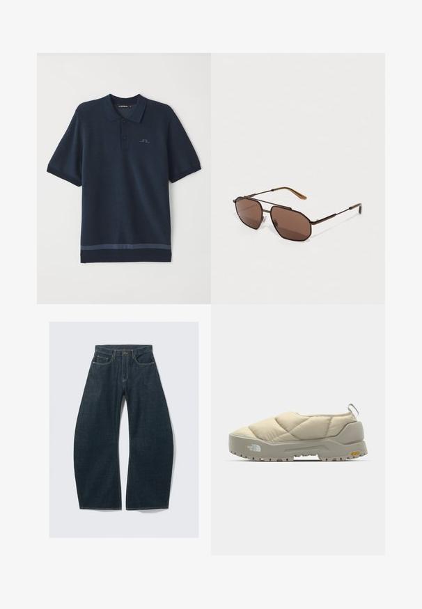Navyblauwe polo met een gestructureerde weving, korte mouwen, knoopsluiting en een subtiel logo op de borst. Heeft een contrasterende afwerking aan de onderkant.; Donkerblauwe wijd uitlopende jeans van denim, met vijf zakken, zichtbare stiksels, een knoopsluiting en een nette afwerking.; Beige gevoerde instapschoen met grijze Vibram-zool, ronde vorm en achterlus. Kenmerken zijn het logo aan de zijkant en de gestructureerde bovenkant.; Bruine octagonale zonnebril met een dunne zwarte metalen montuur, vergezeld van bruine pootjes. Donker getinte lenzen bieden UV-bescherming.