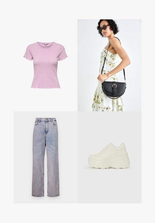 Camisola de malha rosa clara de mangas curtas, com um corte justo, textura canelada e bainha ondulada. Detalhes de padrão subtil realçam o design.; Jeans de denim azul claro com um corte relaxado e perna reta, apresentando uma cintura alta, design de cinco bolsos e fechos em botão bronze.; Tênis brancos de plataforma com um cabedal suave semelhante a couro, formato arredondado, colarinho acolchoado e sola de borracha texturizada com ranhuras bem definidas.; Bolsa de couro preta com forma curva, alça destacável e detalhes em dourado. A bolsa possui uma aba com detalhe de fivela.