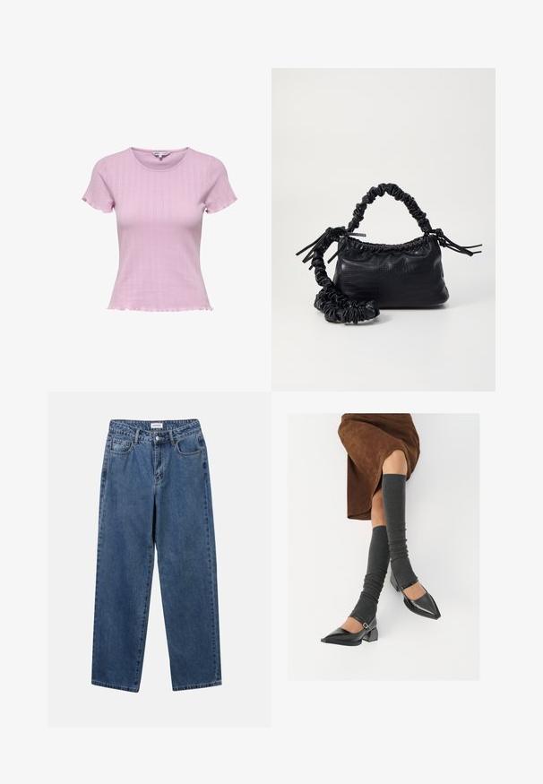 Hellrosa, gestricktes Kurzarmoberteil mit taillierter Form, geripptem Muster und gewelltem Saum. Subtile Musterdetails werten das Design auf.; Klassische blaue Denim-Jeans mit geradem Bein, fünf Taschen und Knopfverschluss. Sie verfügen über eine mittelblau gewaschene Optik und sind aus robuster Textur.; Schwarze lacklederne spitze Schuhe mit Blockabsatz und Knöchelriemen, kombiniert mit grauen gerippten Beinstulpen und einem braunen Wildlederrock.; Schwarze Handtasche aus Kunstleder mit Krokodilstruktur, gerafftem oberen Teil und einem geschoppten Tragegurt. Sie wirkt weich und kompakt im Design.