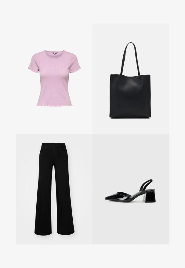 Light pink knitted short-sleeve top with a fitted shape, ribbed texture, and a wavy hem. Subtle patterned details enhance the design.; Black wide-leg pants made of denim, featuring a structured waistband, belt loops, and front pockets. Smooth texture with a classic design.; Black patent leather slingback heels with a pointed toe and a geometric block heel. Features a sleek, minimal design and smooth texture.; Black leather tote bag with smooth texture, rectangular shape, and two long handles. No visible hardware or embellishments.