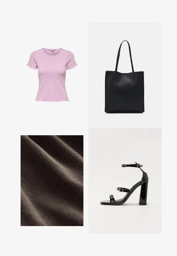 Svetlo roza pletena majica s kratkimi rokavi, s prilagojeno obliko, rebrasto teksturo in valovitim robom. Diskretni vzorčasti detajli obogatijo oblikovanje.; Temno rjava tkanina z gladko, teksturirano površino, ki ima subtilne gubice in mehak, mat videz. Idealna za različne tekstilne aplikacije.; Črne lakirane sandale s peto, kvadratnim prstom, trakovi okrog gležnja in srebrnimi zaponkami. Opremljene so s stabilno Debelo peto.; Črna usnjena torba s svilnato teksturo, pravokotne oblike in dvema dolgima ročajema. Brez vidnih metalnih delov ali okrasnih elementov.