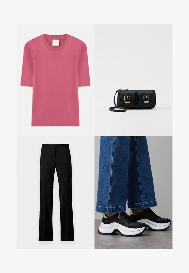 Tricou cu mâneci scurte din bumbac roz pal, cu decolteu rotund. Prezintă detalii de cusătură la margini și o croială dreaptă.; Pantaloni negri cu croi drept, dintr-un material neted, cu front plat, brâuri pentru curea și fără buzunare sau embellishments vizibile.; Adidași negri și aurii cu talpă albă curbată. Material texturat cu accente de logo. Asortați cu pantaloni largi din denim albastru.; Geantă neagră din piele, tip crossbody, cu două buzunare frontale, catarame aurii, închidere cu fermoar și o curea subțire. Suprafață texturată și formă rectangulară compactă.