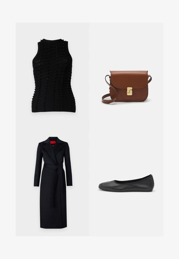 Top negru tricotat fără mâneci, cu un design texturat cu dungi ridicate și un decolteu înalt, punând accent pe o siluetă ajustată.; Palton negru cu mâneci lungi, design înfășurat și curea asortată. Fabricat dintr-un material neted, are un guler cu tăieturi și buzunare laterale.; Balerini din piele neagră, cu vârf rotund, textură netedă, detalii de cusătură minimale și un design al tălpii flexibil.; Geantă de piele maro cu închidere tip capac, accesorii de culoare aurie, curea de umăr și o textură netedă. Formă compactă și rectangulară.