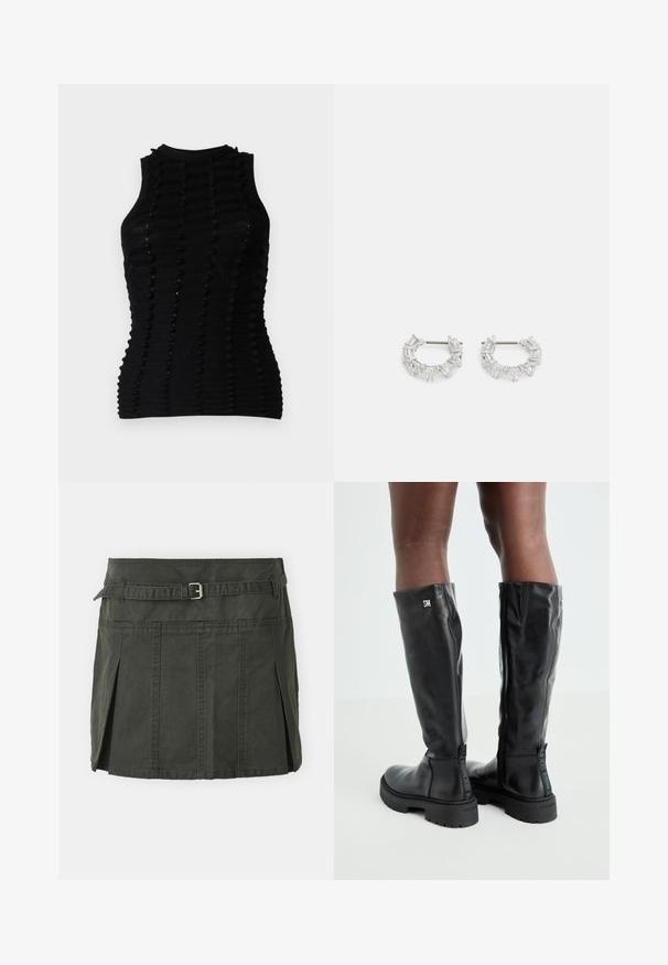 Černý pletený bezrukávový top s texturovaným designem se zvýrazněnými pruhy a vysokým výstřihem, který zdůrazňuje přiléhavou siluetu.; Tmavě zelená, bavlněná mini sukně s přiléhavým pasem, páskem a předními sklady. Obsahuje detaily šití a klasický střih.; Černé kožené vysoké boty až ke kolenům s hladkou texturou, kulatou špičkou, robustní podrážkou a zipovým uzávěrem. Na boku je vyražené stříbrné logo.; Stříbrné kruhové náušnice s průhlednými, obdélníkovými a trojúhelníkovými krystaly uspořádanými v vzorovaném designu. Klipy pro bezpečné upevnění.