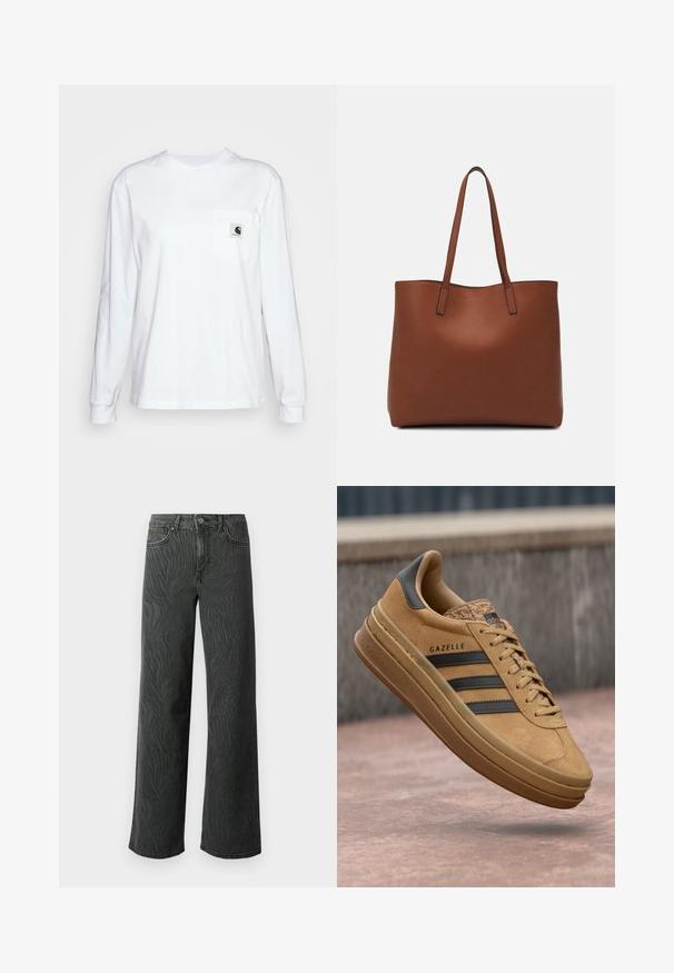 Langärmliges weißes T-Shirt aus Baumwolle mit einer Brusttasche und einem quadratischen Logo-Patch, Rundhalsausschnitt und gerippten Bündchen.; Weite Jeans aus dunkelgrauem Denim, mit einer subtilen Zebra-Muster-Struktur, kontrastierenden Nähten und einem Fünf-Taschen-Design mit einem Knopfverschluss.; Beige Wildledersneaker mit glatter Oberfläche, drei dunklen Streifen, abgerundetem Zehenbereich und einer dickeren Sohle mit strukturiertem Rand.; Braune Leder-Tote mit glatter Textur, offenem Oberteil und zwei Schulterriemen. Verfügt über minimale Nähte und keine sichtbaren Beschläge.