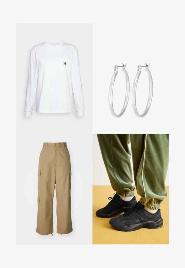 Long-sleeve white t-shirt made of cotton, featuring a chest pocket with a square logo patch, round neckline, and ribbed cuffs.; Beige cargo pants with a high waist, wide legs, and four large side pockets. Made of durable fabric with a smooth texture and minimal detail.; Black athletic sneakers with mesh and synthetic overlays, textured sole, paired with green, elastic-cuffed sweatpants, on yellow surface.; Silver hoop earrings with a smooth, polished finish. Round shape and secure click-top closure. Lightweight design suitable for everyday wear.