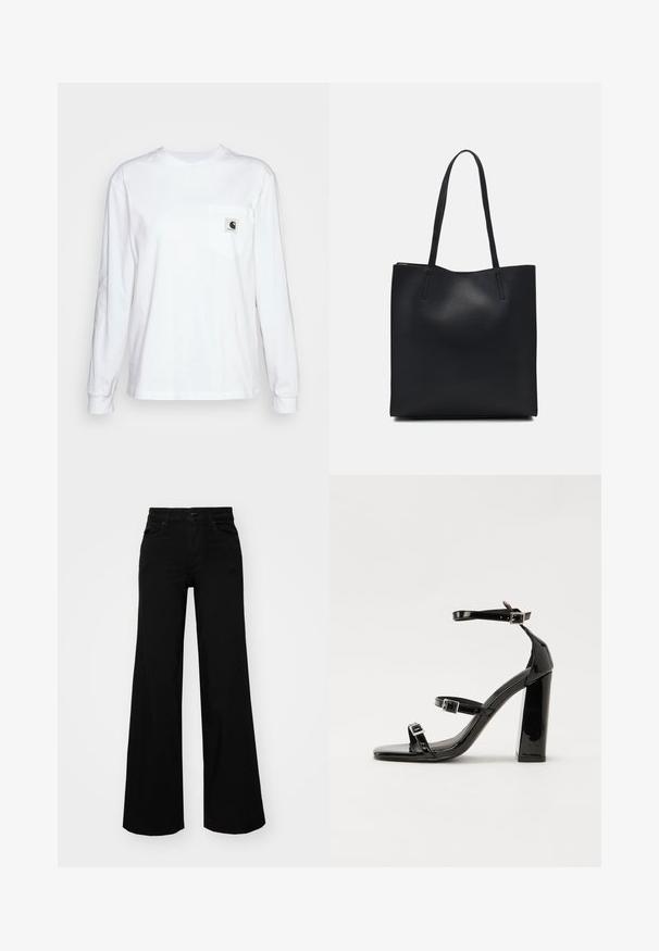 Ilga rankovė balta marškinė, pagaminta iš medvilnės, su krūtinės kišene ir kvadratinėmis logotipo etikete, apvaliu iškirpimu ir raštuotais rankogaliais.; Juodos plačios kelnės iš denimo, turinčios struktūruotą juosmenį, diržo kilpas ir priekines kišenes. Lygus paviršius su klasikinio dizaino elementais.; Juoda blizgi lakuota basutė su kvadratiniu pirštu, kulkšnies dirželiais ir sidabro sagtimis. Yra tvirta blokinė kulno konstrukcija, užtikrinanti stabilumą.; Juodas odinis tote krepšys su lygia tekstūra, stačiakampio formos ir dviem ilgais rankenomis. Matomų metalinių detalių ar puošybos nėra.