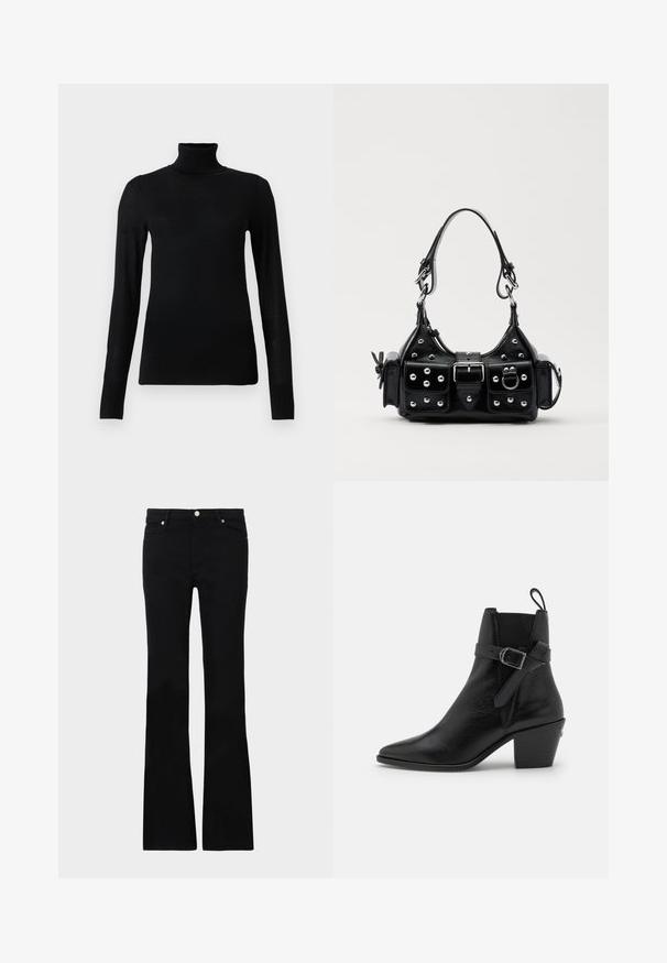 Must mustern, mis on valmistatud pehmest ja kergest materjalist. Omab pikki varrukaid ja istuvat lõiget koos kõrge kaelusega.; Mustad teksased, millel on flared lõige, kaks esi-taskut, nööbiga kinnitamine ja sile tekstuur. Tootemärgistus on nähtav õmblustes.; Mustat nahast kaanetrid peenikese toe, plokknäkkega ja külgpanna detailiga. Omab siledat tekstuuri ja taga tõmbeaasat.; Must värvi nahast käekott, millel on kaarjas disain, hõbedased nupukesed, kinnitusahe ja kaks külgtaskut. Reguleeritav rihm erinevate kandmisvõimaluste jaoks.