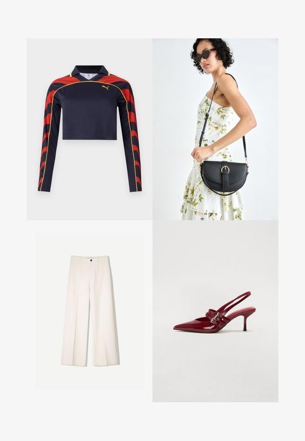 Sötétkék, hosszú ujjú, rövid fazonú pólóing piros és sárga ívelt díszítéssel az ujjakon. Simító, könnyű anyag, klasszikus gallérral.; Tejbézs széles lábú nadrág, szabott kialakítással, két elülső zsebbel és egyetlen elülső gombos záródással, sima anyagból készült.; Piros lakkbőr slingback sarokcipő, hegyes orral, két csatoló pánttal és vékony, közepes magasságú stiletto sarokkal. Simább textúrájú.; Fekete bőrtáska ívelt formával, levehető pánttal és arany színű fémrészekkel. A táskán egy csattal díszített fedél található.